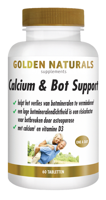 Golden Naturals Calcium & Bot Support supplement fles wit met gouden deksel en 60 tabletten.