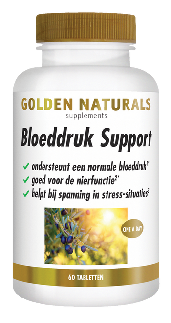 Golden Naturals Bloeddruk Support supplementen flesje met 60 tabletten, wit met gouden deksel en label.