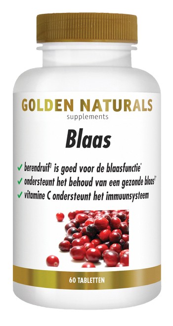 Golden Naturals Blaas supplementen potje met berendruif tabletten ter ondersteuning van de blaasfunctie.