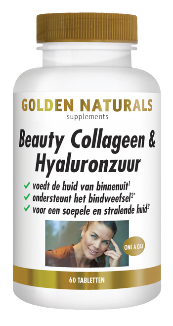 Golden Naturals Beauty Collageen & Hyaluronzuur supplementen, 60 tabletten, wit flesje met gouden deksel.