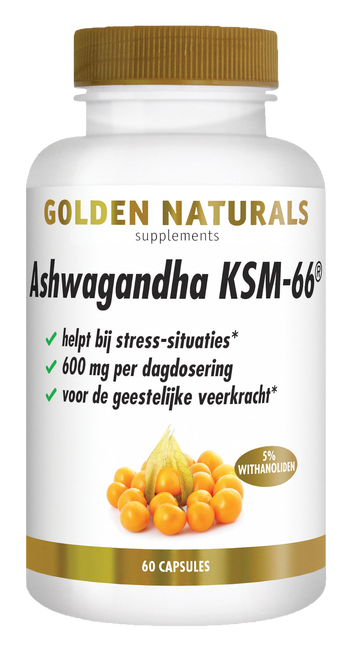 Golden Naturals Ashwagandha KSM-66, wit flesje met gouden deksel en 60 capsules.