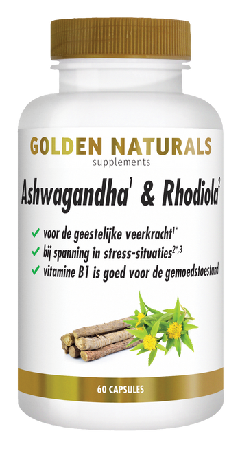 Golden Naturals Ashwagandha & Rhodiola supplement flesje met 60 capsules, wit met gouden deksel.