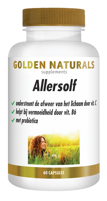 Golden Naturals Allersolf, 60 capsules, wit flesje met gouden deksel en label.