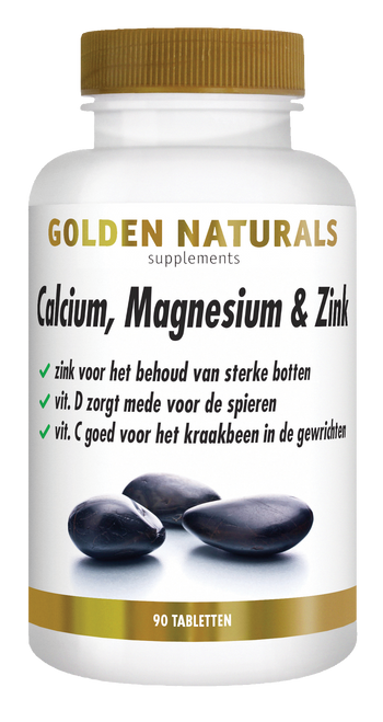 Golden Naturals Calcium, Magnesium & Zink supplementen flesje met 90 tabletten, wit met gouden deksel.