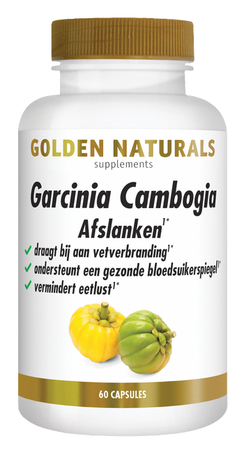 Garcinia Cambogia supplement van Golden Naturals, 60 capsules, wit en gouden flesje.