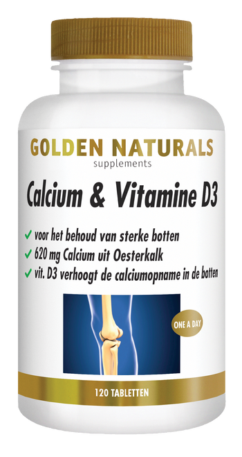 Golden Naturals Calcium & Vitamine D3, 120 tabletten, wit met gouden deksel en band.
