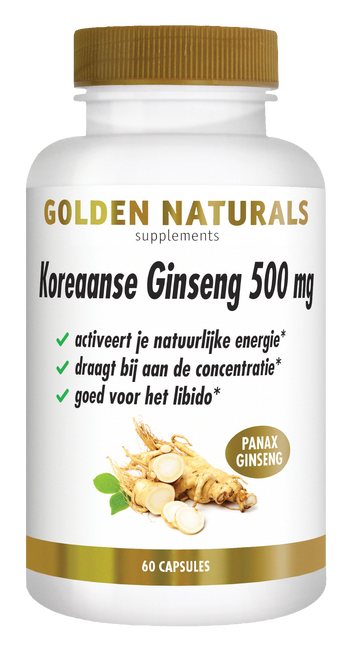 Golden Naturals Koreaanse Ginseng 500 mg, 60 capsules, wit flesje met gouden deksel en label.