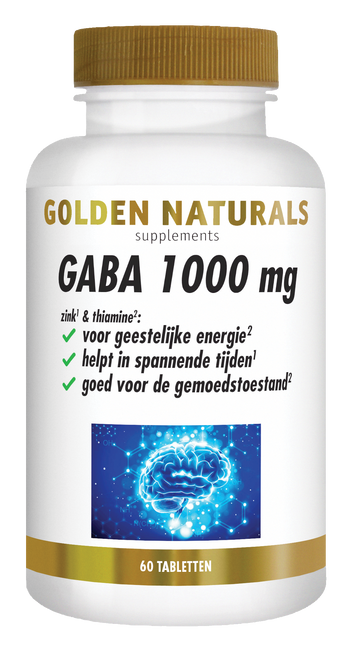 GABA 1000 mg supplementen flesje Golden Naturals met gouden deksel en 60 tabletten.
