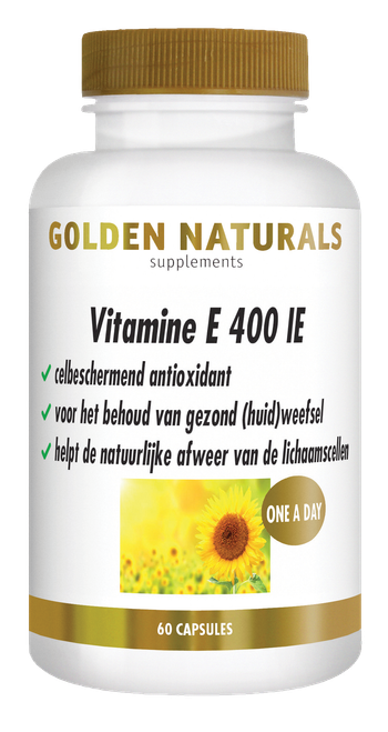 Golden Naturals Vitamine E 400 IE, 60 capsules, wit flesje met gouden deksel en label.