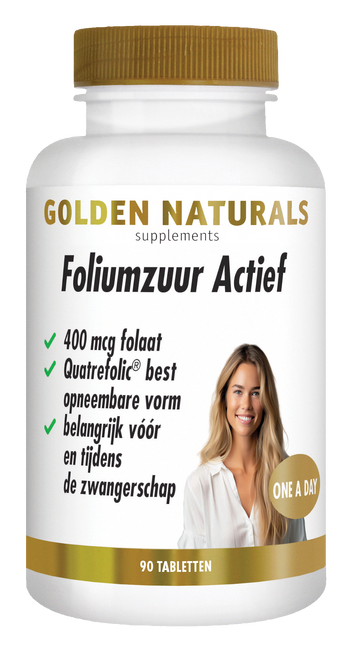 Golden Naturals Foliumzuur Actief supplementen flesje met 90 tabletten en gouden deksel en vrouw.