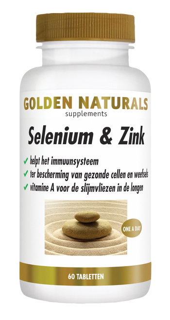 Golden Naturals Selenium & Zink supplementen flesje met 60 tabletten, wit met gouden deksel en label.