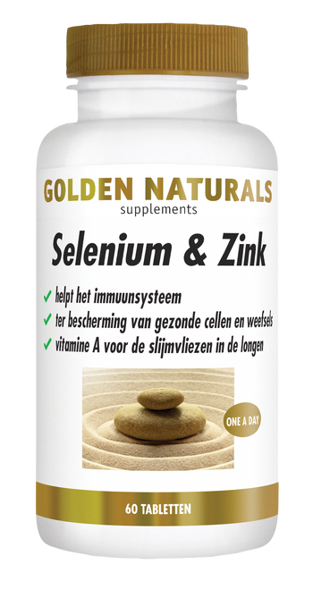 Golden Naturals Selenium & Zink supplementen flesje met 60 tabletten, wit met gouden deksel.