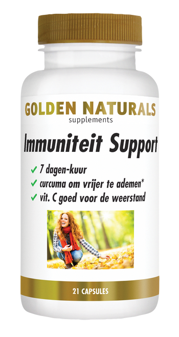 Golden Naturals Immuniteit Support 7 dagen-kuur, 21 capsules, wit en gouden flesje.