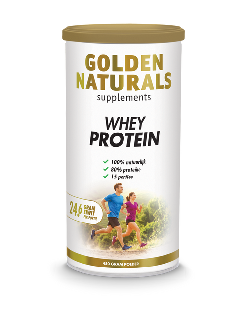 Golden Naturals Whey Protein, puur eiwitpoeder, wit, gouden deksel, naturel supplement.