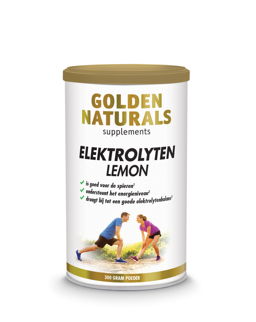 Elektrolyten Lemon poeder, Golden Naturals, citroen smaak, wit en gouden verpakking.