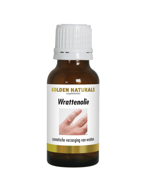 Golden Naturals Wrattenolie, donkere fles met witte deksel en gouden en zwarte etikettering.