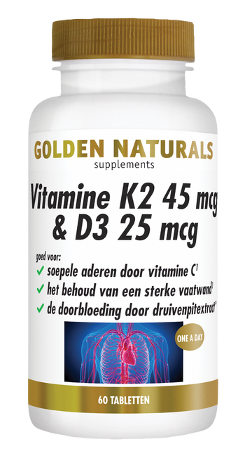 Golden Naturals Vitamine K2 45 mcg & D3 25 mcg supplement potje met 60 tabletten.