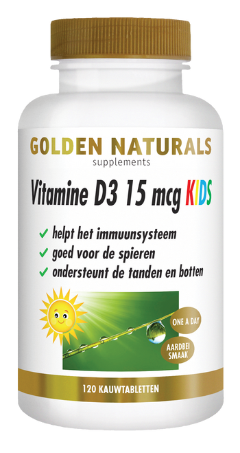 Golden Naturals Vitamine D3 15 mcg KIDS, witte fles met gouden deksel en label.