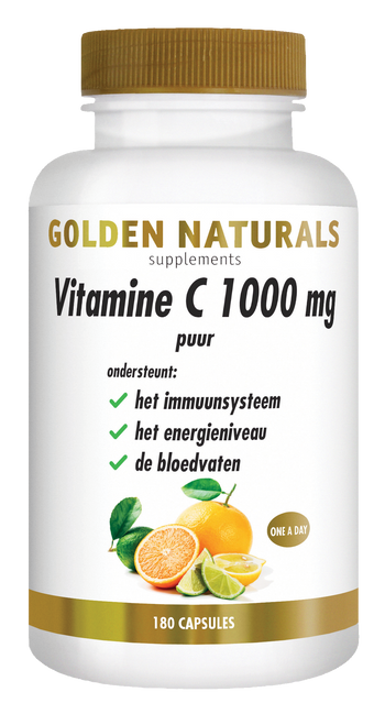Golden Naturals Vitamine C 1000 mg puur, 180 capsules, wit flesje met gouden deksel.