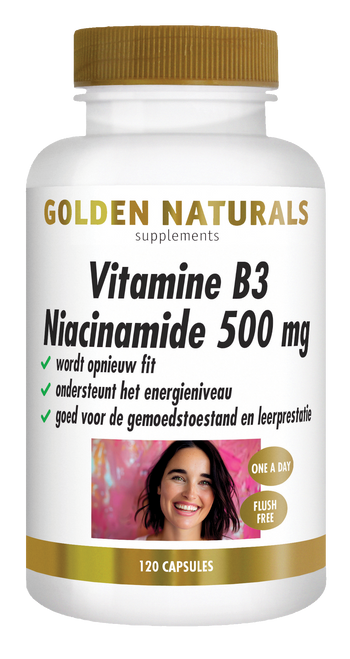 Golden Naturals Vitamine B3 Niacinamide 500 mg, 120 capsules, wit flesje met gouden deksel.