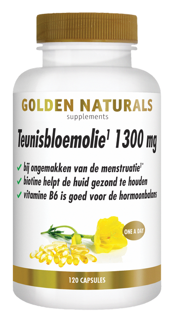 Golden Naturals Teunisbloemolie 1300 mg, wit flesje met gouden deksel en etiket met gele bloem.