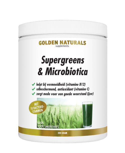 Golden Naturals Supergreens & Probiotica poeder, wit potje met groene gras en donkergroene drank.