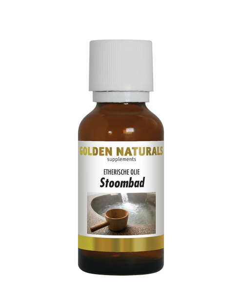 Golden Naturals Stoombad olie, bruine fles met witte deksel en gouden en zwarte label.