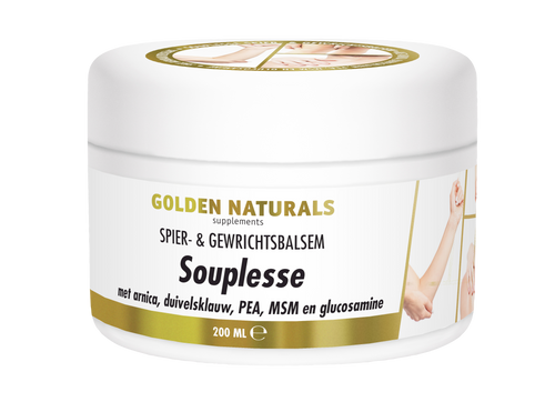 Golden Naturals Souplesse Spier- & Gewrichtsbalsem, witte pot met gouden deksel en label.