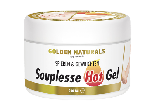 Golden Naturals Souplesse Hot Gel, witte pot met gouden deksel en rand, 200ml.