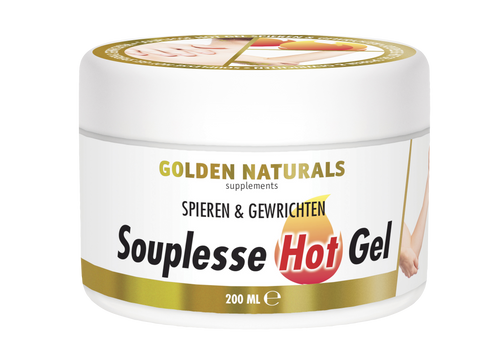 Golden Naturals Souplesse Hot Gel, wit potje met gouden deksel en label, 200ml.