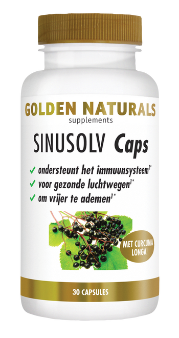 Golden Naturals SinuSolv Caps, 30 capsules, wit met gouden dop, supplementen voor sinussen en luchtwegen.