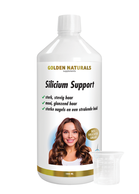 Silicium Support van Golden Naturals, fles met vloeistof voor haar, nagels en huid ondersteuning.