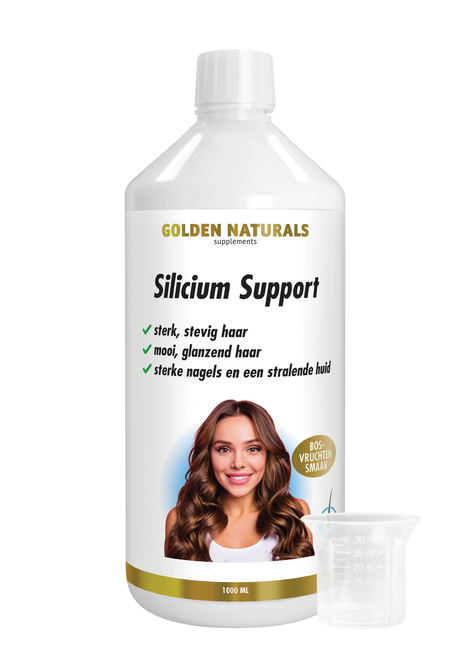 Golden Naturals Silicium Support, wit flesje met goud accent, vrouw met mooi lang haar.