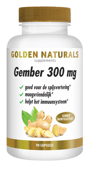 Golden Naturals Gember 300 mg supplementen flesje met gember en groene bladeren, 90 capsules.