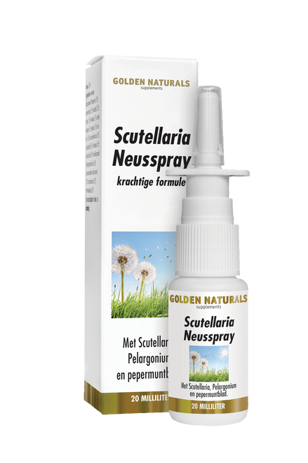 Golden Naturals Scutellaria Neusspray, wit flesje met spraydop, op de verpakking staan klaprozen.