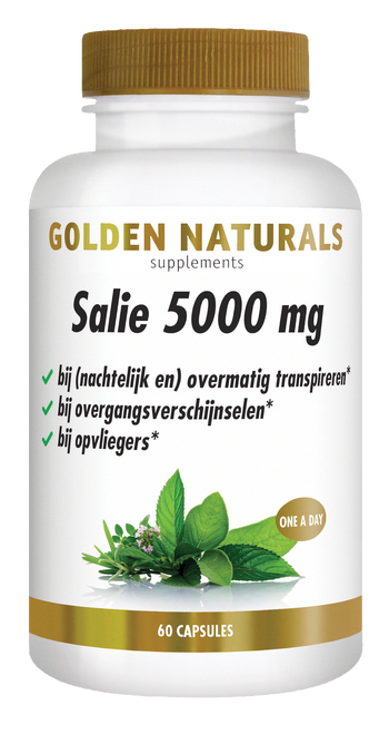 Golden Naturals Salie 5000 mg, 60 capsules, wit flesje met gouden deksel en salie blad.