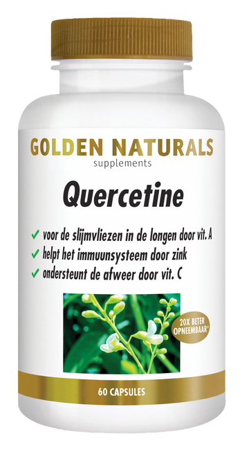 Golden Naturals Quercetine supplementen flesje met 60 capsules, wit met gouden deksel en label.