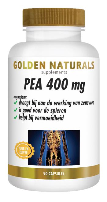 Golden Naturals PEA 400 mg supplement potje met 90 capsules, wit met gouden deksel en label.