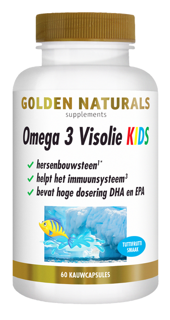 Golden Naturals Omega 3 Visolie KIDS kauwcapsules, 60 stuks, wit flesje met gouden deksel.