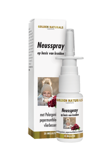 Golden Naturals Neusspray, wit flesje met pomp, verpakking en flesje met kruiden zoals Pelargonium.