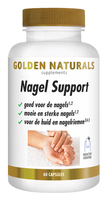 Golden Naturals Nagel Support, 60 capsules, wit flesje met gouden deksel en etiket.