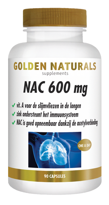 Golden Naturals NAC 600 mg, 90 capsules, wit flesje met gouden deksel en label.
