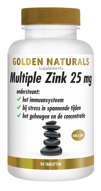 Golden Naturals Multiple Zink 25 mg, 90 tabletten, wit flesje met gouden deksel en band.
