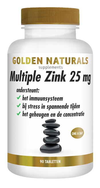 Golden Naturals Multiple Zink 25 mg wit potje met gouden deksel en 90 tabletten.
