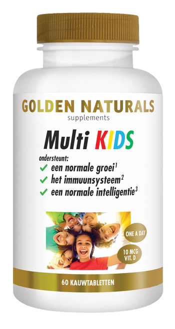 Golden Naturals Multi KIDS vitaminesupplement voor kinderen, witte fles met gouden deksel en etiket.