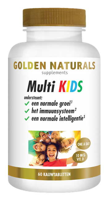 Golden Naturals Multi KIDS vitaminesupplement voor kinderen, witte fles met gouden deksel en etiket.