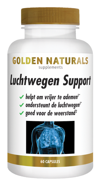 Golden Naturals Luchtwegen Support, 60 capsules, wit flesje met gouden deksel en label.