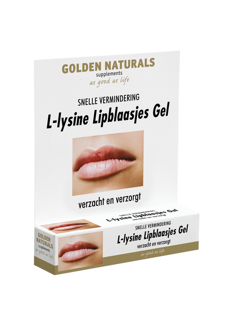 Golden Naturals L-lysine Lipblaasjes Gel verpakking met lipblaasjes gel en lippen.