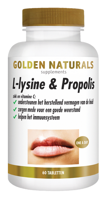 Golden Naturals L-lysine & Propolis supplementen flesje met 60 tabletten, wit met gouden deksel.
