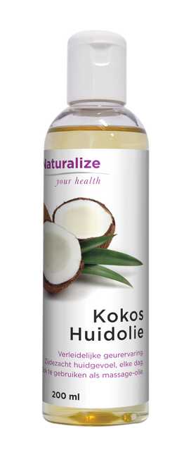 Naturalize Kokosnootolie, 200ml, wit etiket met kokos afbeelding, helder, olie in fles met witte deksel.